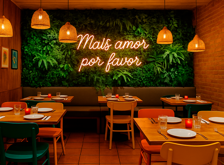 Letreiro Neon em Curitiba em restaurante com jardim vertical