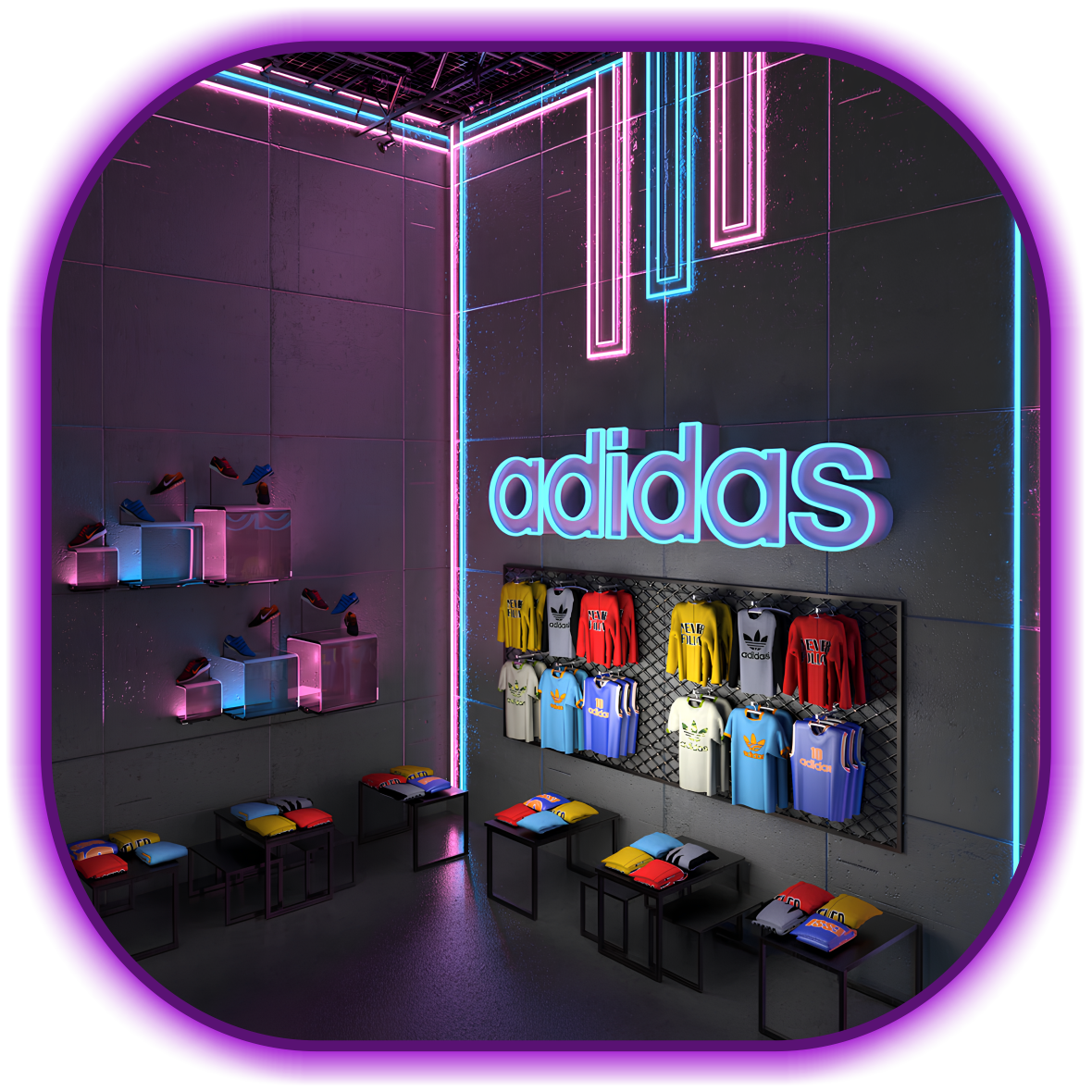 Loja moderna da Adidas iluminada.